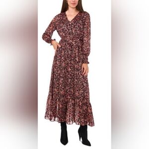 Vince Camuto Womens Floral-Printed Faex-Wrap Maxi Long Sleeve Dress